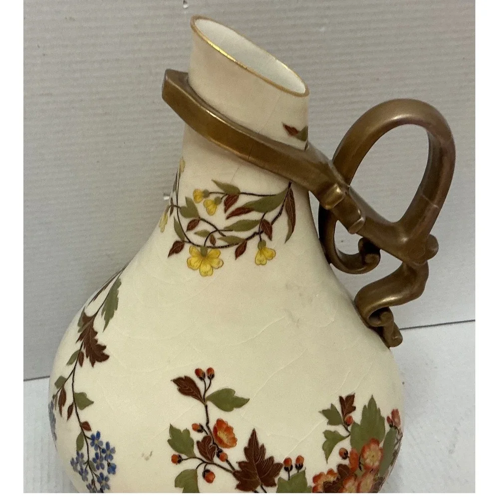 Carlsbad Vintage Porcelain Pitcher Floral Gold Handle Art Nouveau Vase 12.5in